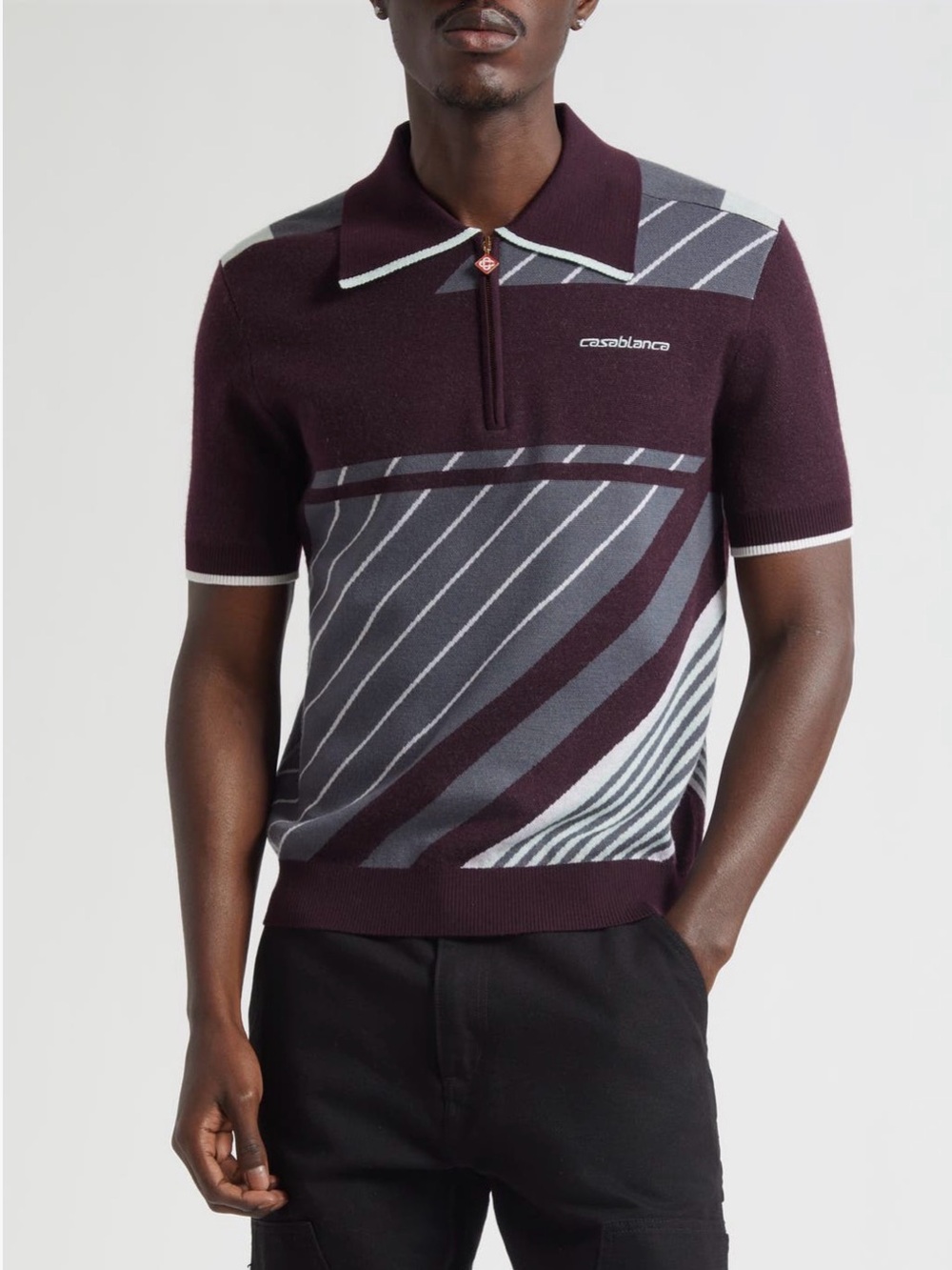 Casablanca Diagonal Striped Merino Wool quarter Zip Short-Sleeve Knit Polo